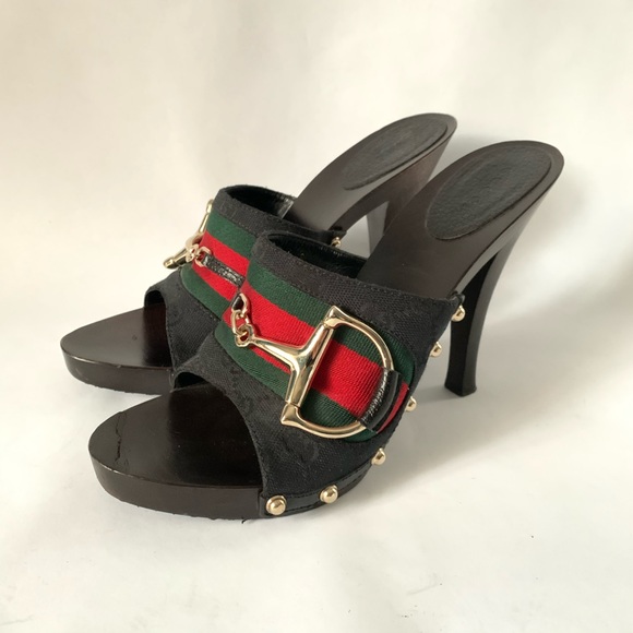 Gucci Shoes - Gucci // Monogramed Horse Bit Wood High Heels 8